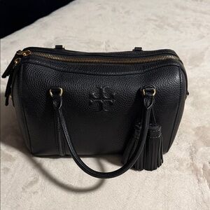 Tory Burch Black Pebbled Leather Double-Zip Satchel with Tassel
